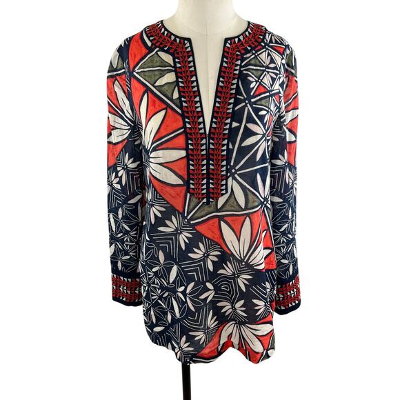 Tory Burch Geometric Blue Orange Print Long Sleeve Cotton Tunic Cover Up Size 4 - Picture 1 of 8